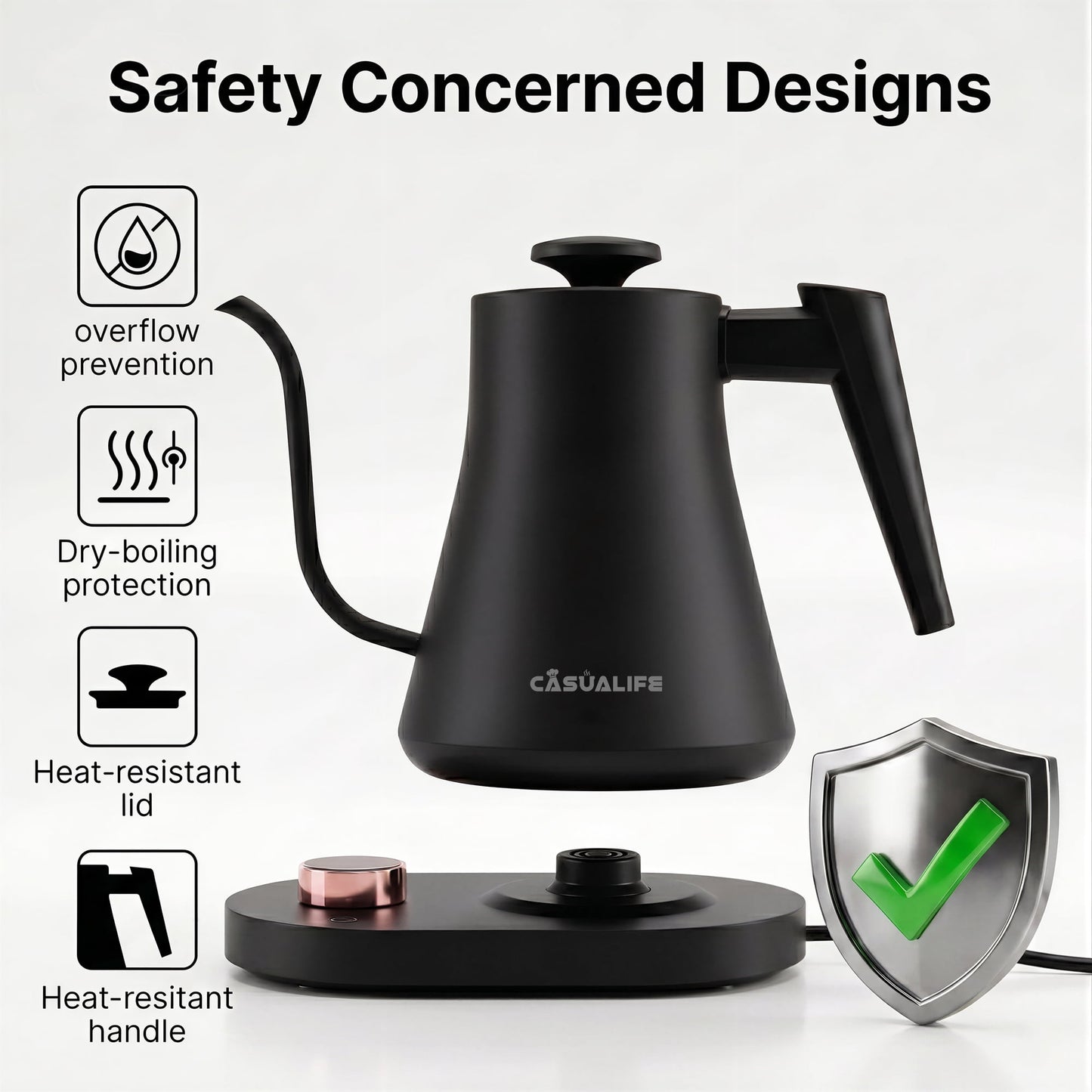 Casualife 0.8L Gooseneck Electric Kettle with Digital Temperature Control, Keep-Warm & 60s Memory, Safe & Easy Clean for Home Office