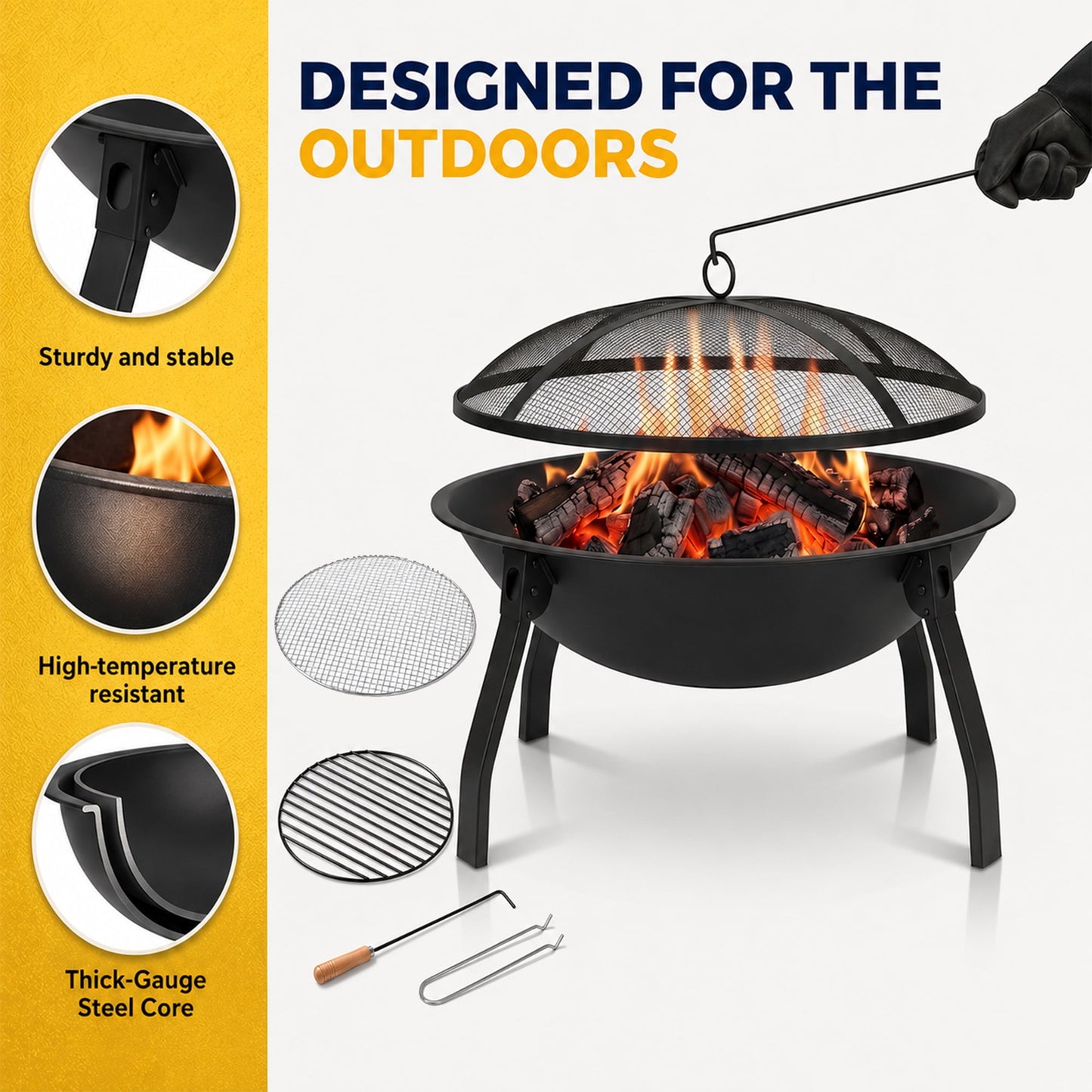 OHHANI Portable Outdoor Fire Pit, Heavy Duty Steel Wood Burning Fireplace with Spark Screen, Grill Grate & Poker, Black