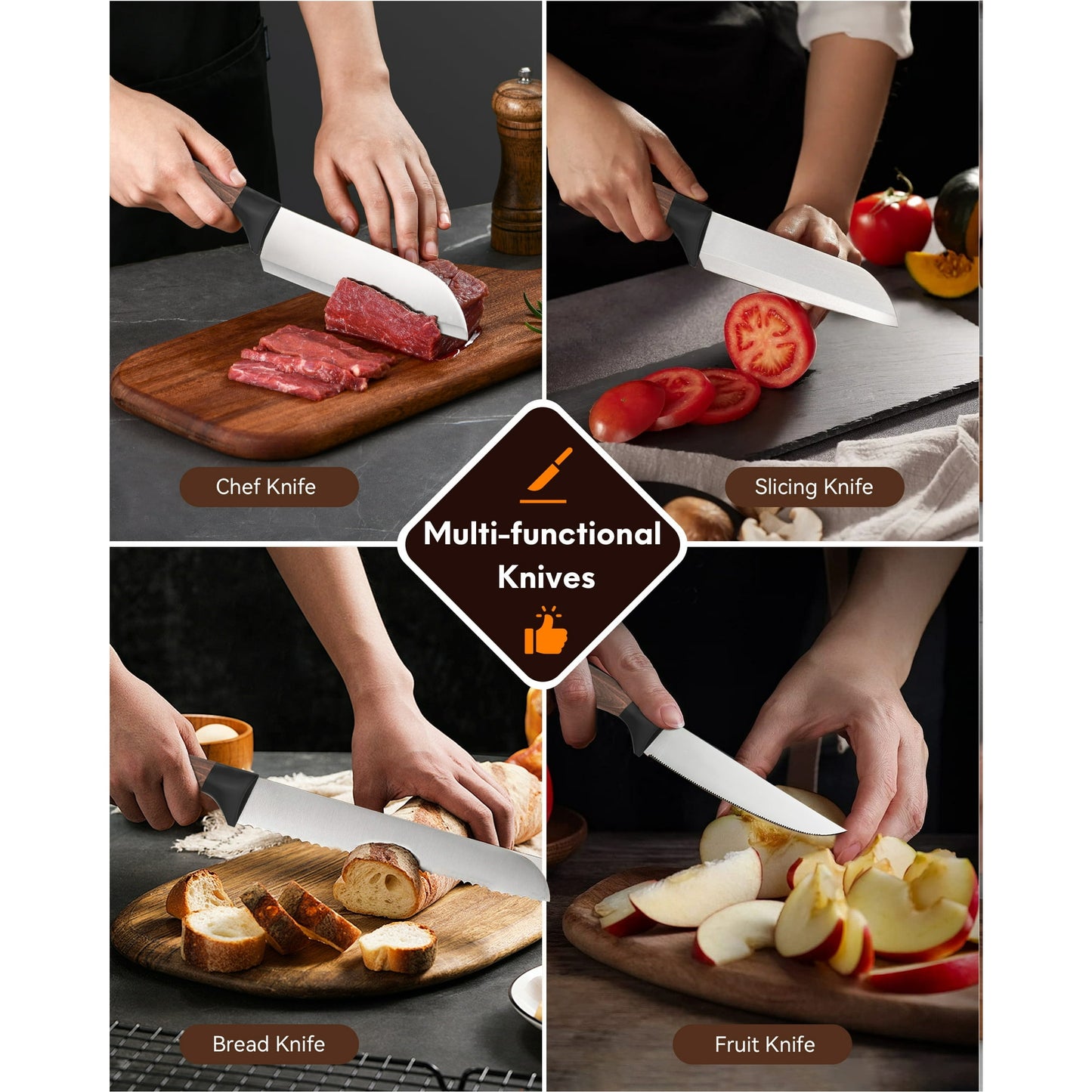 Younghome Kitchen Chef Knife Set, 13 Pcs High Carbon Stainless Steel Sharp Knife Set with Block Built-in Sharpener, Razor-Sharp