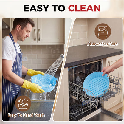 M Buder 3 Pack Silicone Air Fryer Liners 4-7 QT, Reusable Food Grade Basket Bowl, Replacement for Parchment Paper, Baking Tray Oven Accessories, Round Red&Blue&Pink (Top 7.9in, Bottom 6.7in)