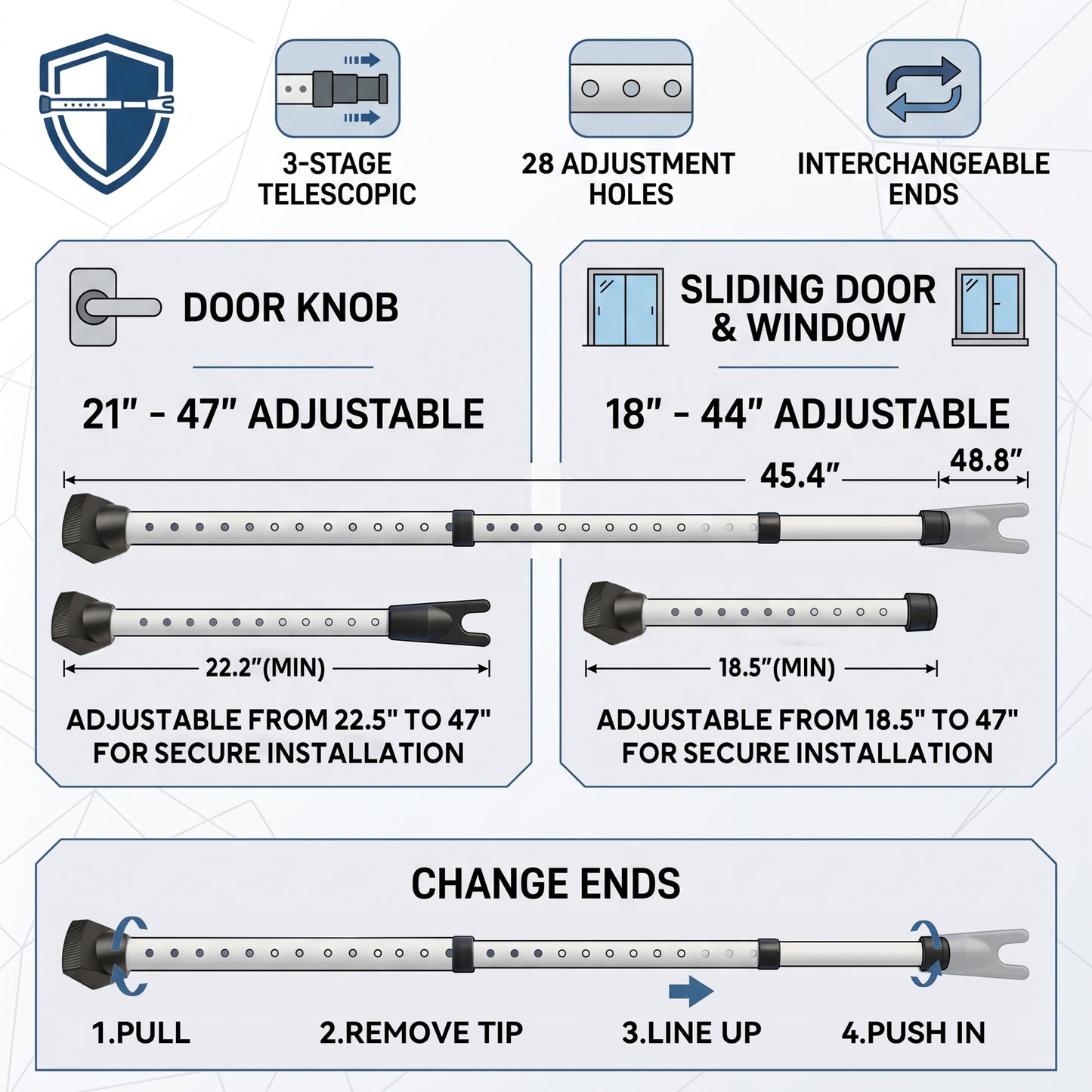 Adjustable Door Security Bar, Heavy-Duty 3-Section Door Stopper for Home Travel & Hotel, 23.2"-49.2"