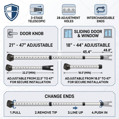 Adjustable Door Security Bar, Heavy-Duty 3-Section Door Stopper for Home Travel & Hotel, 23.2"-49.2"