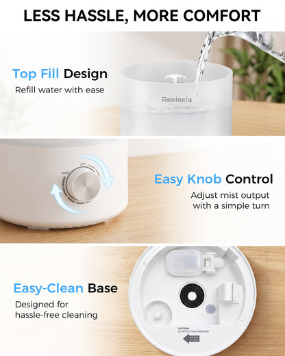 Reelexia 3L Cool Mist Humidifiers for Bedroom, Compact Tabletop Humidifier with Adjustable Mist, Night Light, Aroma Diffuser, Auto Shut-Off, White