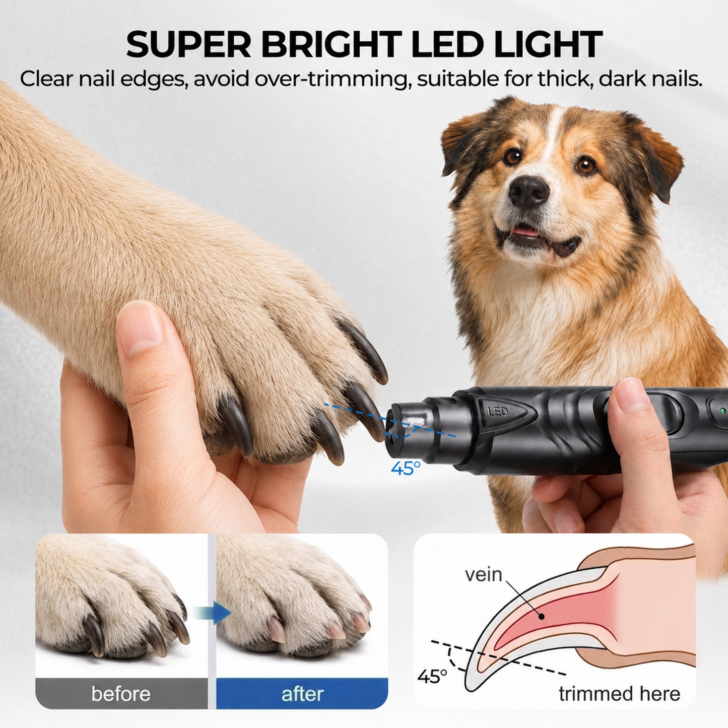 Dog Nail Grinder with LED Light, 2-Speed Super Quiet Pet Nail Trimmer for Small Dogs