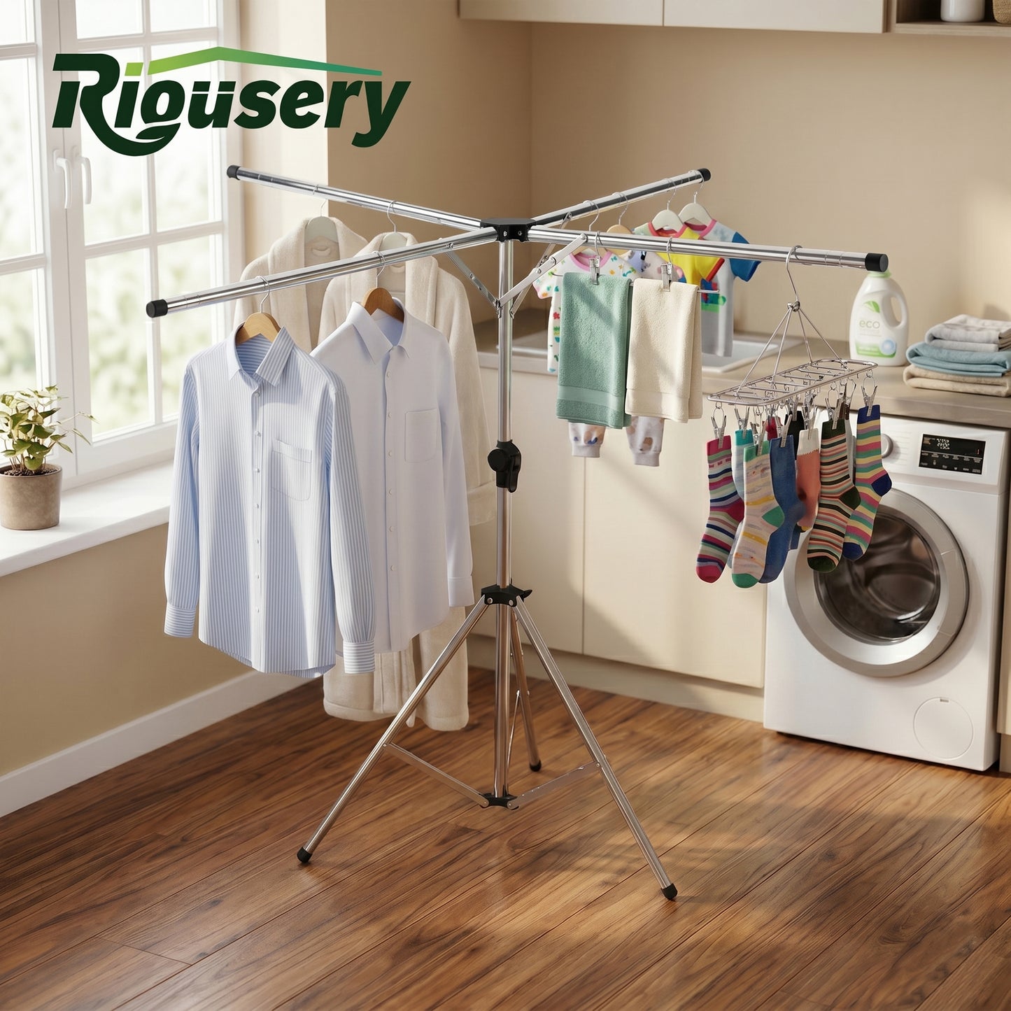 Riousery Tripod Clothes Drying Rack, 4-Arm Foldable Laundry Drying Stand with 71" Adjustable Height & 79" Extra-Wide Drying Space, Stainless Steel Portable Rack with Windproof Hanger Hooks