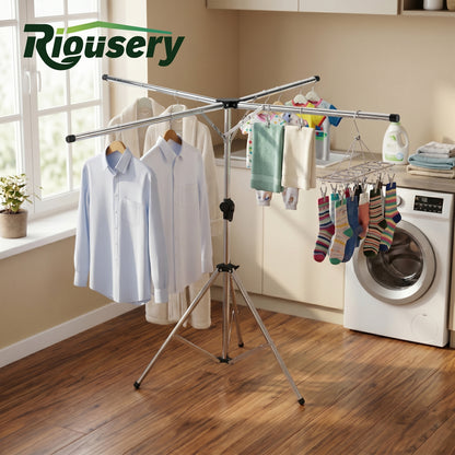 Riousery Tripod Clothes Drying Rack, 4-Arm Foldable Laundry Drying Stand with 71" Adjustable Height & 79" Extra-Wide Drying Space, Stainless Steel Portable Rack with Windproof Hanger Hooks