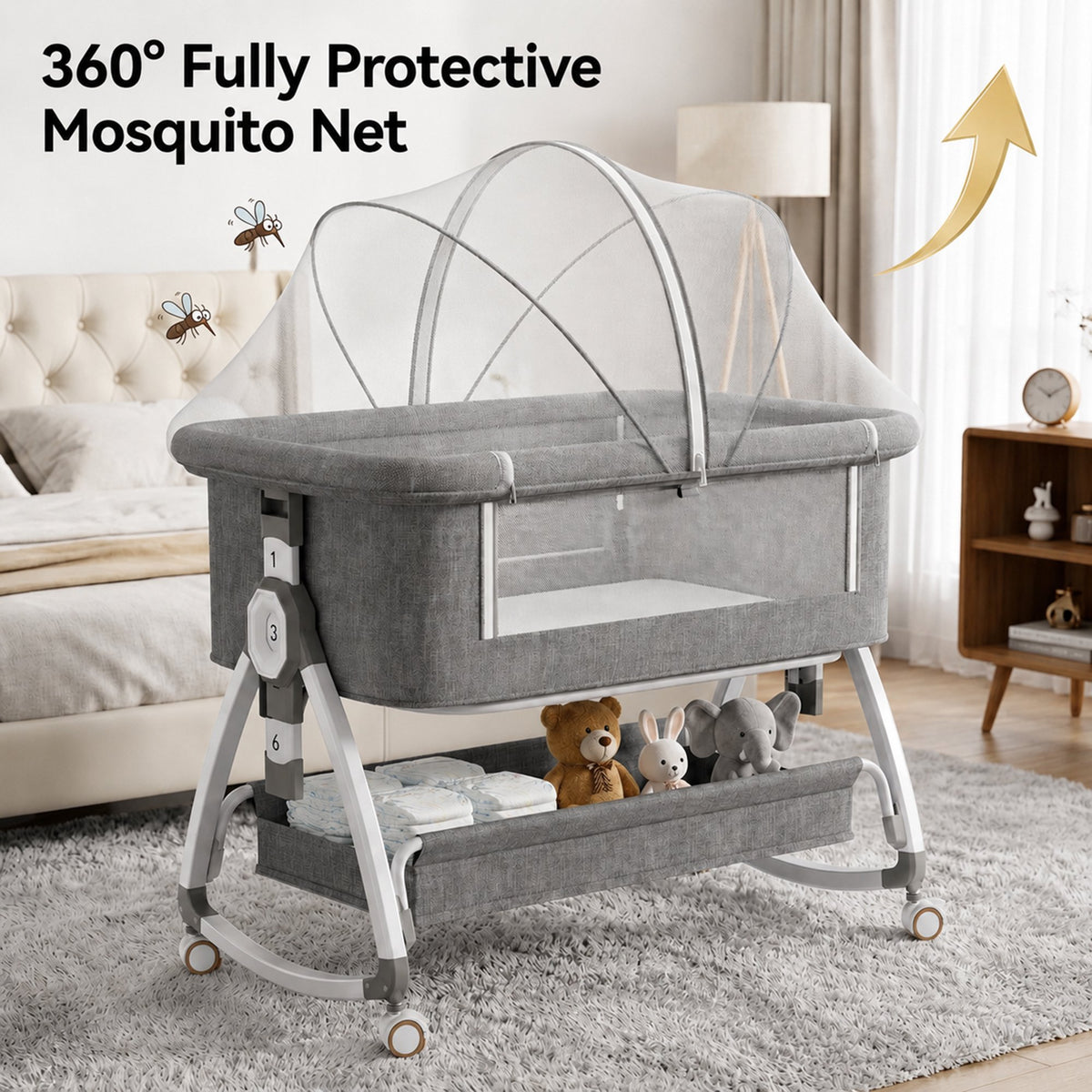 Chastar Bassinet Bedside, Portable Baby Crib with 6 Adjustable Heights and Breathable Mesh Panels, Foldable, Gray