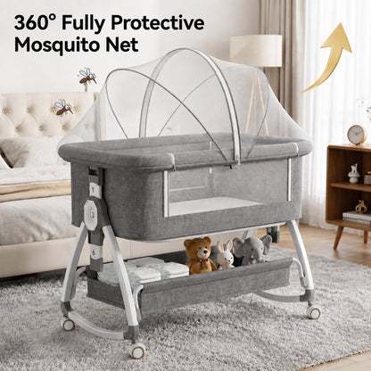 Chastar Bassinet Bedside, Portable Baby Crib with 6 Adjustable Heights and Breathable Mesh Panels, Foldable, Gray