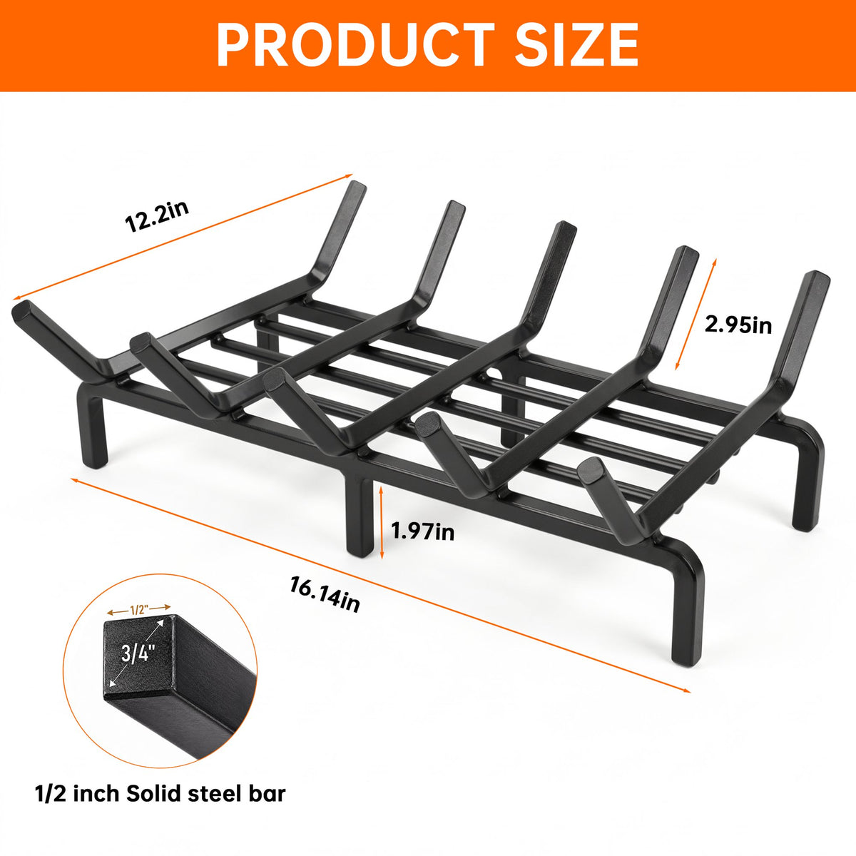 Ouneot 16.14in Cast Iron Fireplace Grate Log Rack, 1/2in Thick Bars 6 Legs for Indoor Stove Outdoor Fire Pit Camping