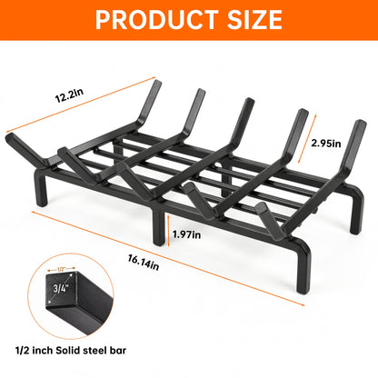 Ouneot 16.14in Cast Iron Fireplace Grate Log Rack, 1/2in Thick Bars 6 Legs for Indoor Stove Outdoor Fire Pit Camping