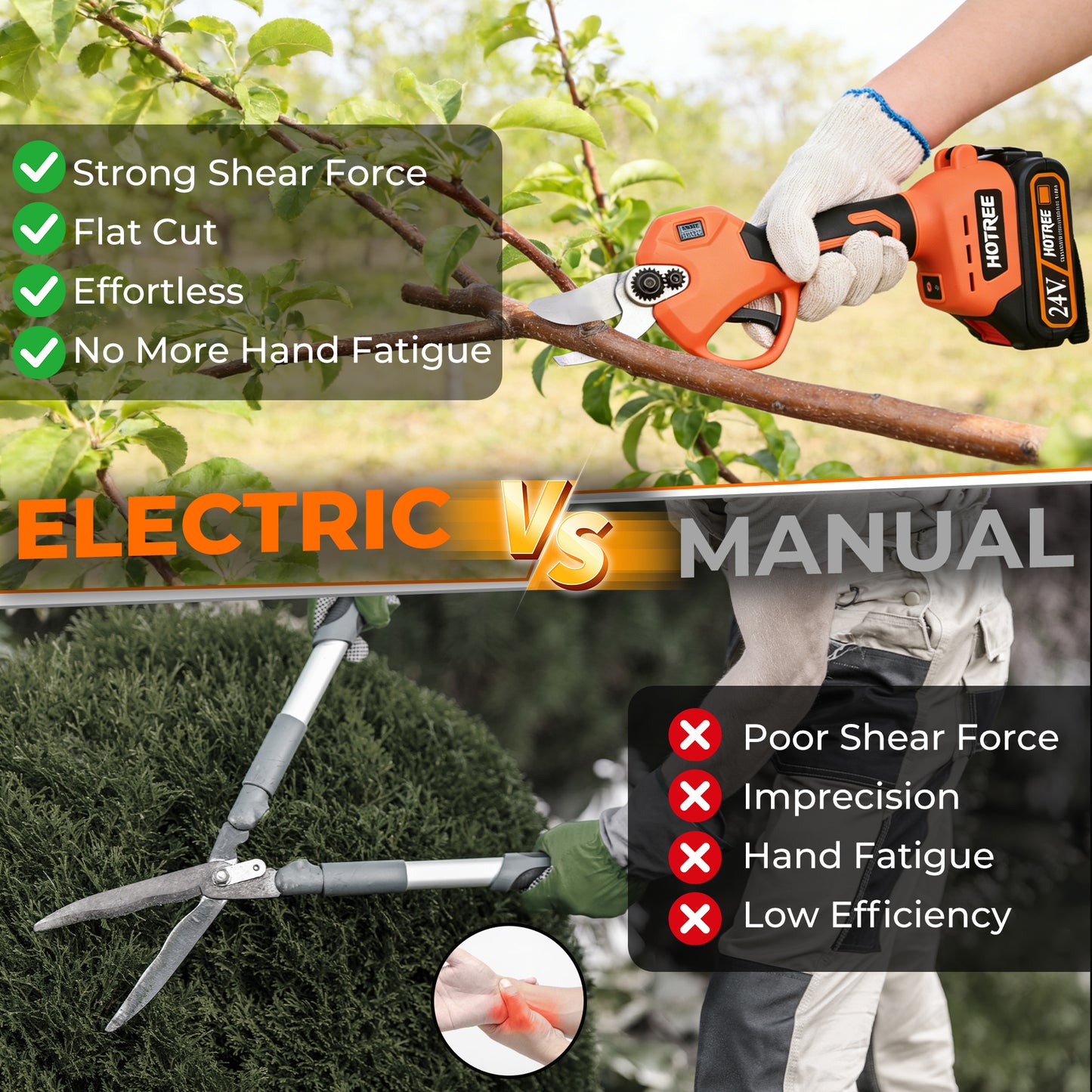 HOTREE Cordless Electric Pruning Shears with 2 Batteries, Adjustable 0.8 to 1.2 Inch Cutting Capacity and for Garden Orange