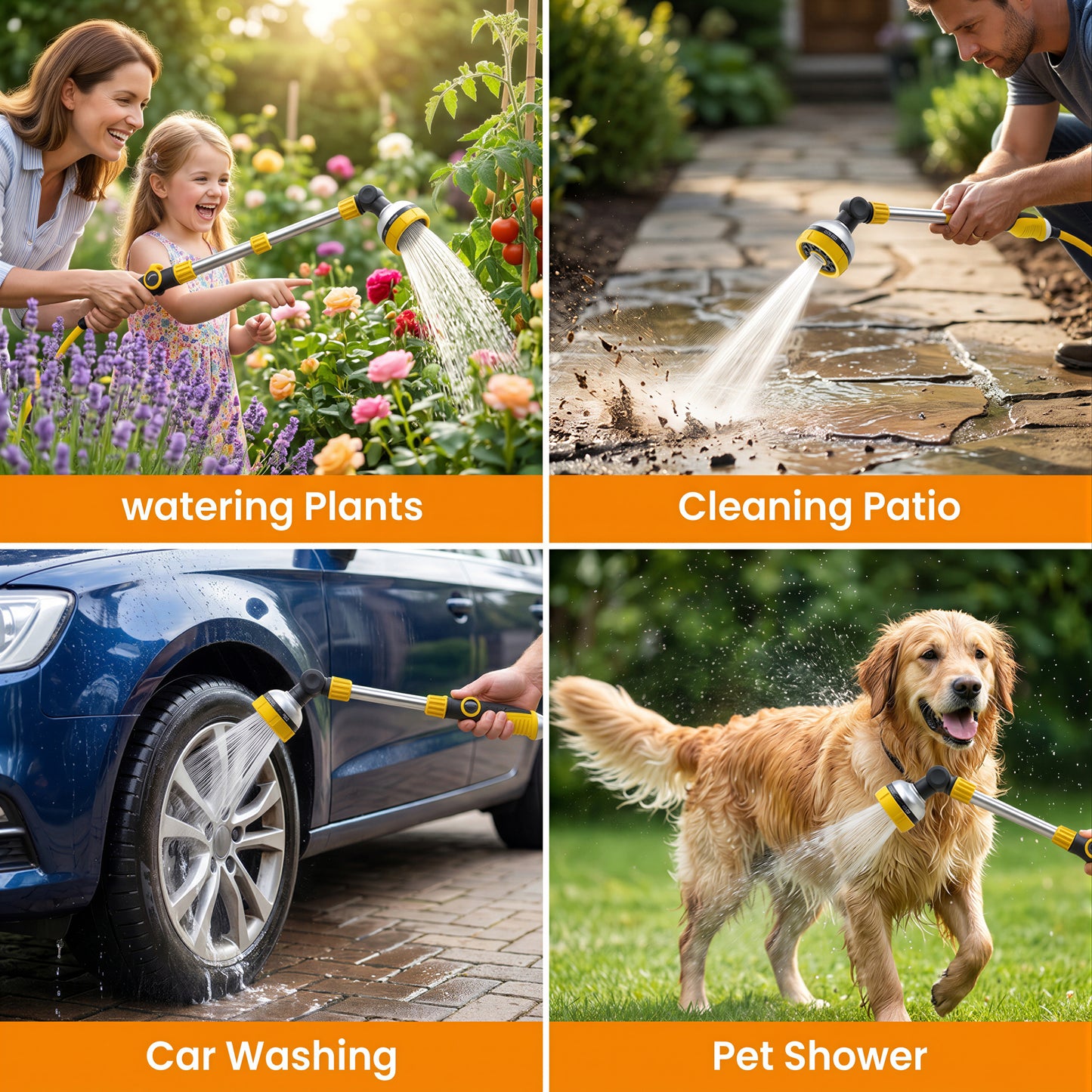 OHHANI Metal Watering Wand with 8 Spray Patterns Thumb Control, 180° Adjustable Nozzle, for Watering Hanging Baskets Yellow