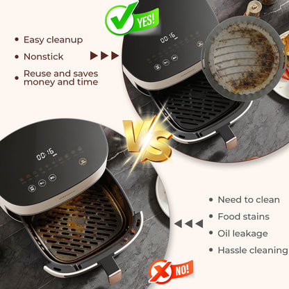 M Buder 2 Pack Silicone Air Fryer Liners, 4-7 QT Air Fryers, Reusable Food Grade Basket Bowl, Replacement for Parchment Paper, Baking Tray Oven Accessories, Round Gray&Black (Top 7.9in, Bottom 6.7in)