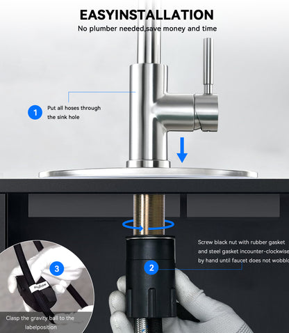 Hodvit Kitchen Faucet with Pull Down Sprayer, Stainless Steel Kitchen Sink Faucet with Deck Plate to Cover