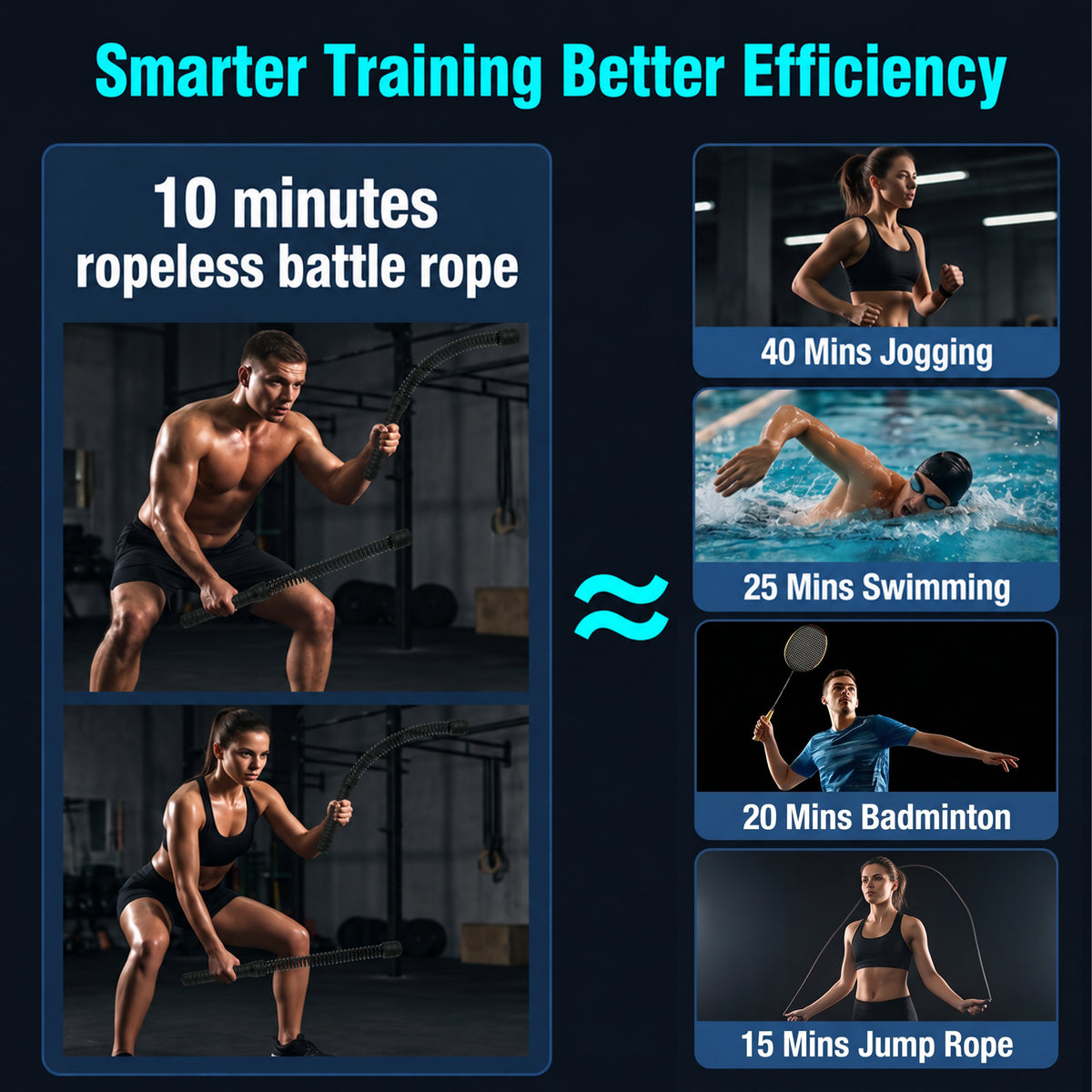 Feeray Ropeless Battle Ropes, 2-Piece High Inertia Cordless Fitness Equipment for Home Gym, Core & Cardio Training, Black