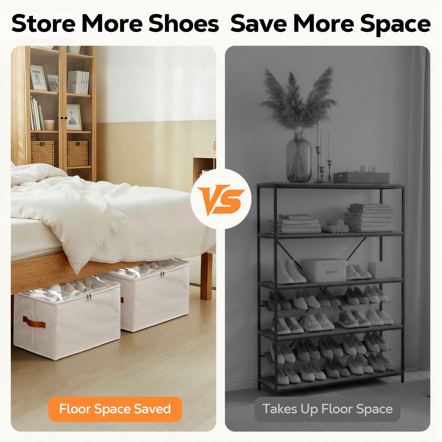 Riousery 2-Pack Under Bed Shoe Organizer for Closet, 24 Individual Shoe Slots, Foldable Storage Boxes with Clear Zipper Cover & Handles, Biege