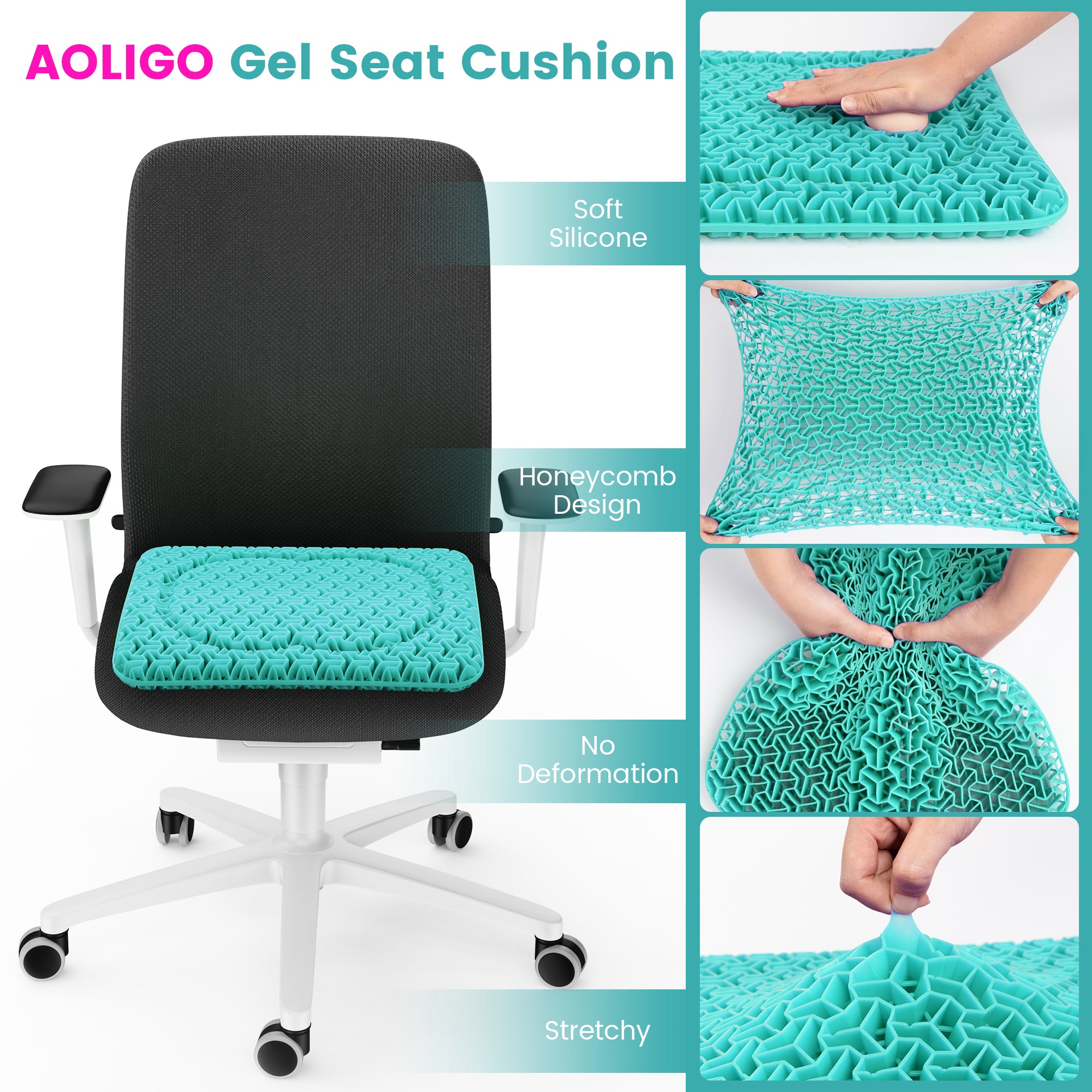 AOLIGO Gel Seat Cushion for Long Sitting, 17" x 15" Enlarged Thickened Pad, Soft & Breathable Office and Wheelchair Comfort, Cyan