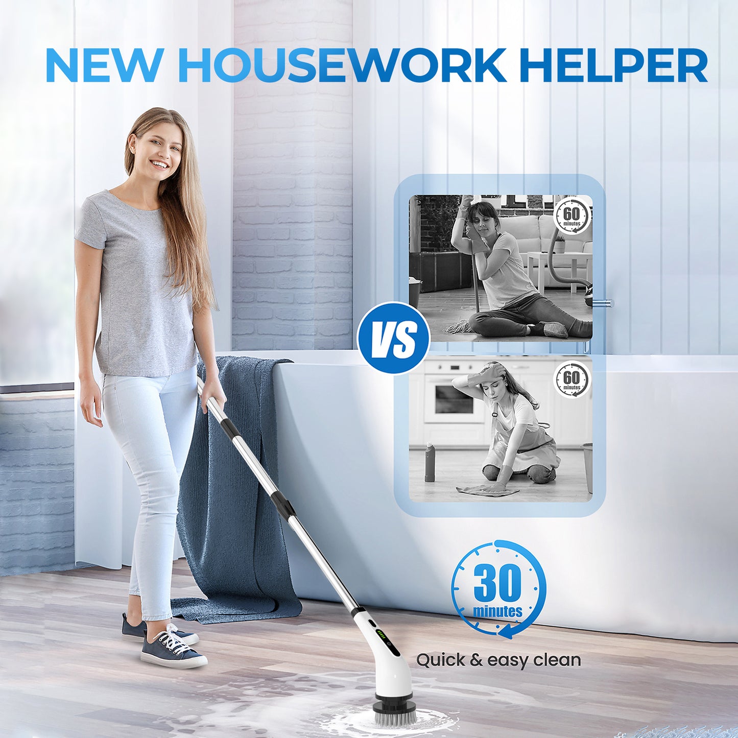 BIMZUC Electric Spin Scrubber, Cordless Cleaning Brush, 7 Replaceable Heads, Extendable Handle, White