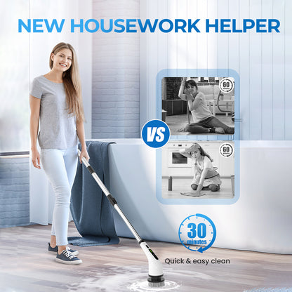BIMZUC Electric Spin Scrubber, Cordless Cleaning Brush, 7 Replaceable Heads, Extendable Handle, White