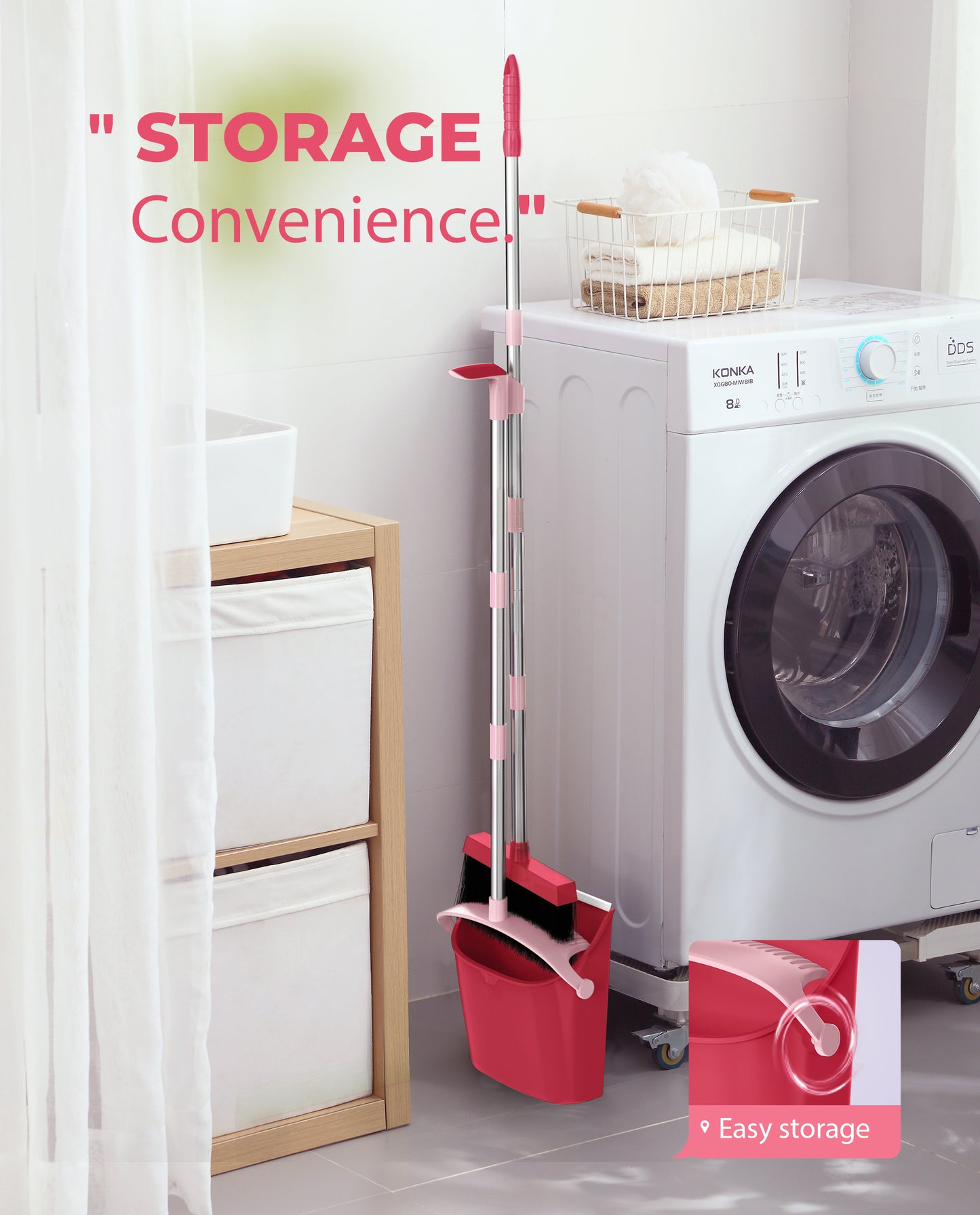 BIMZUC Broom and Dustpan Set for Home, 51" Long Handle Dustpan w/Comb, Broom & Dustpan, Rose Red