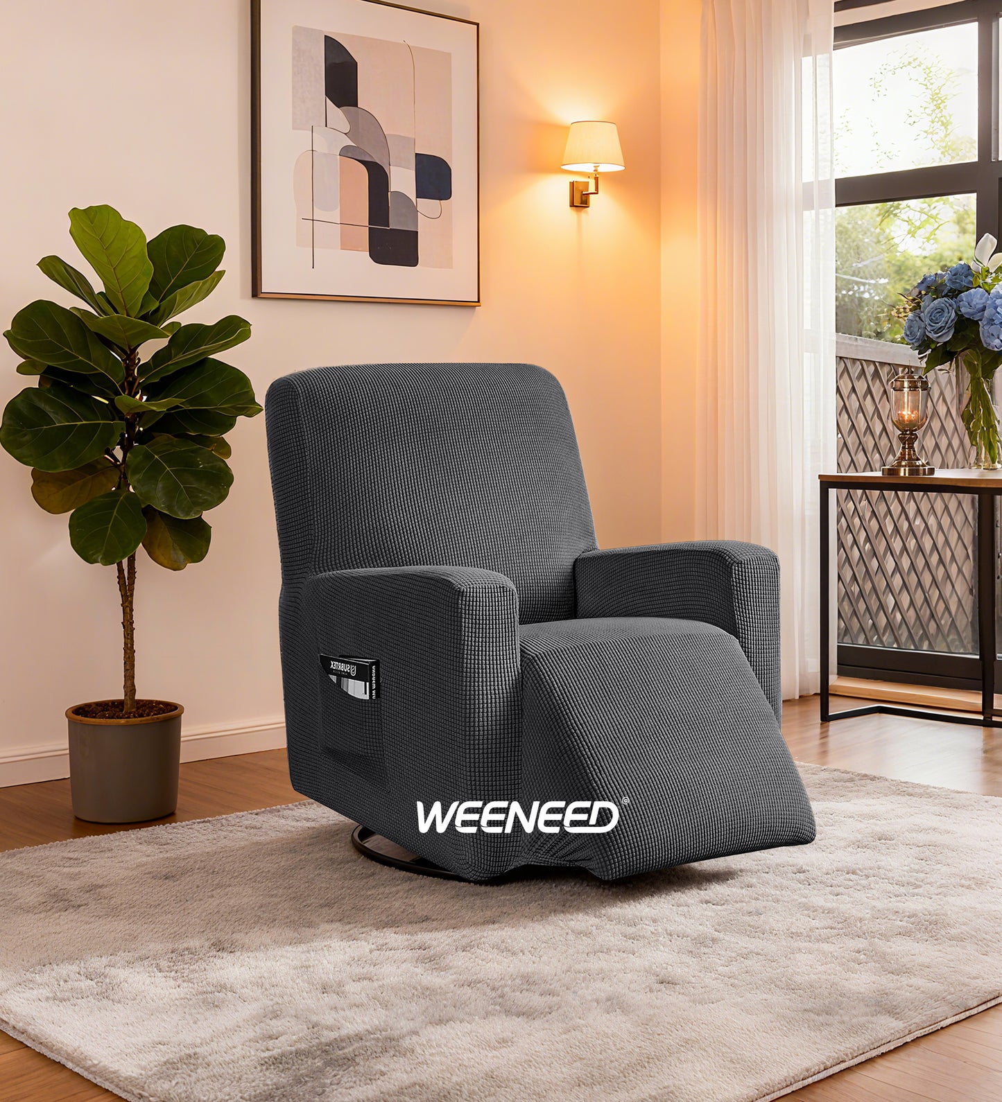 WEENEED Recliner Chair Cover, Stretch Polyester One-Piece Slipcover with Side Pocket, Universal Fit Sofa Protector for Pets and Home Décor, Dark Gray