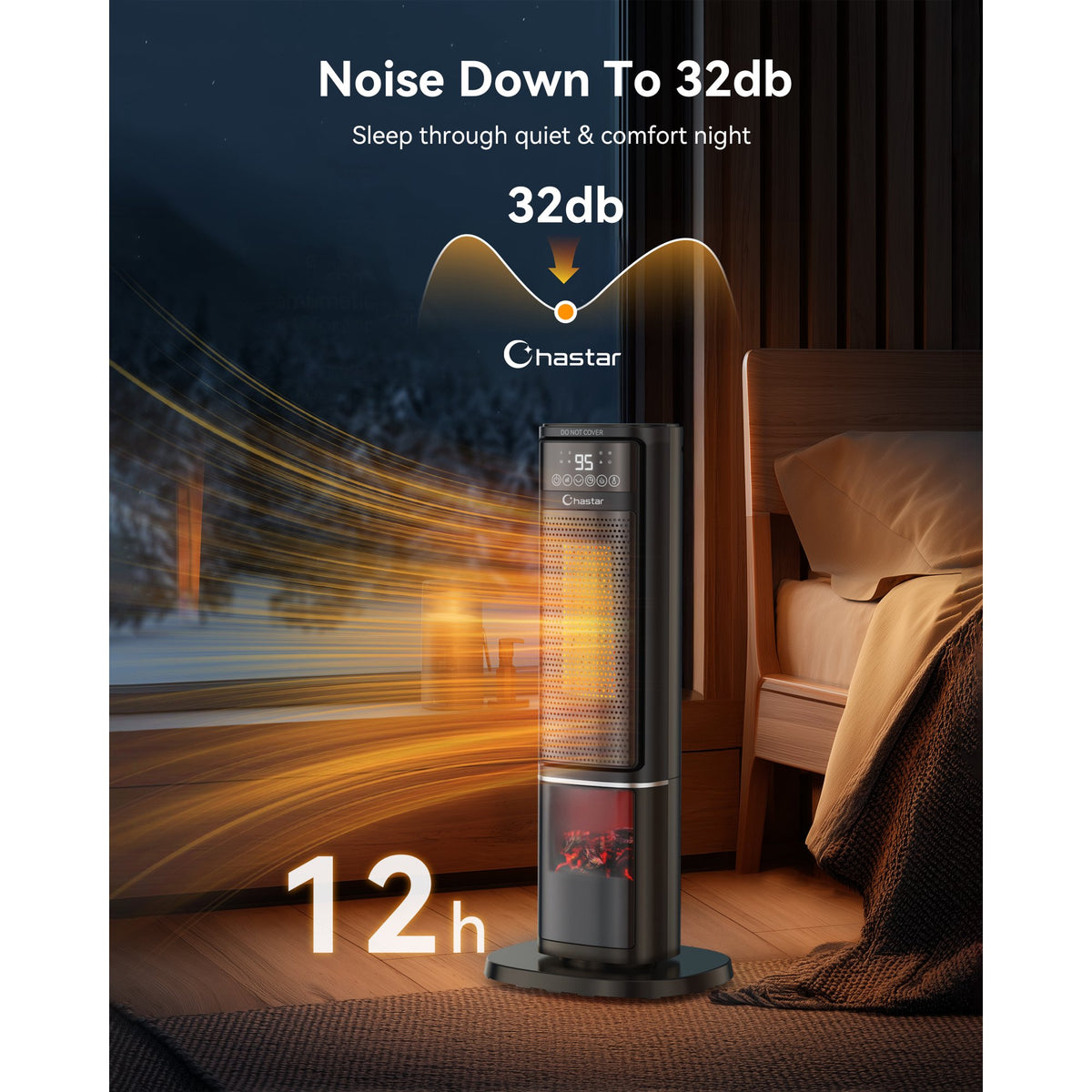 Chastar 24 inch Space Heater with Flame Effect, 1500W Oscillating Ceramic Heater with Thermostat, PTC Heater for Indoor, 12H Timer & Remote, for Office, Bedroom, Living Room, New