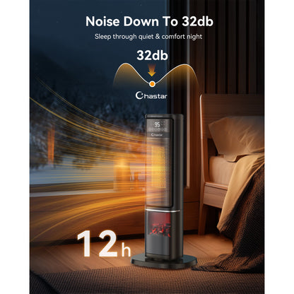 Chastar 24 inch Space Heater with Flame Effect, 1500W Oscillating Ceramic Heater with Thermostat, PTC Heater for Indoor, 12H Timer & Remote, for Office, Bedroom, Living Room, New