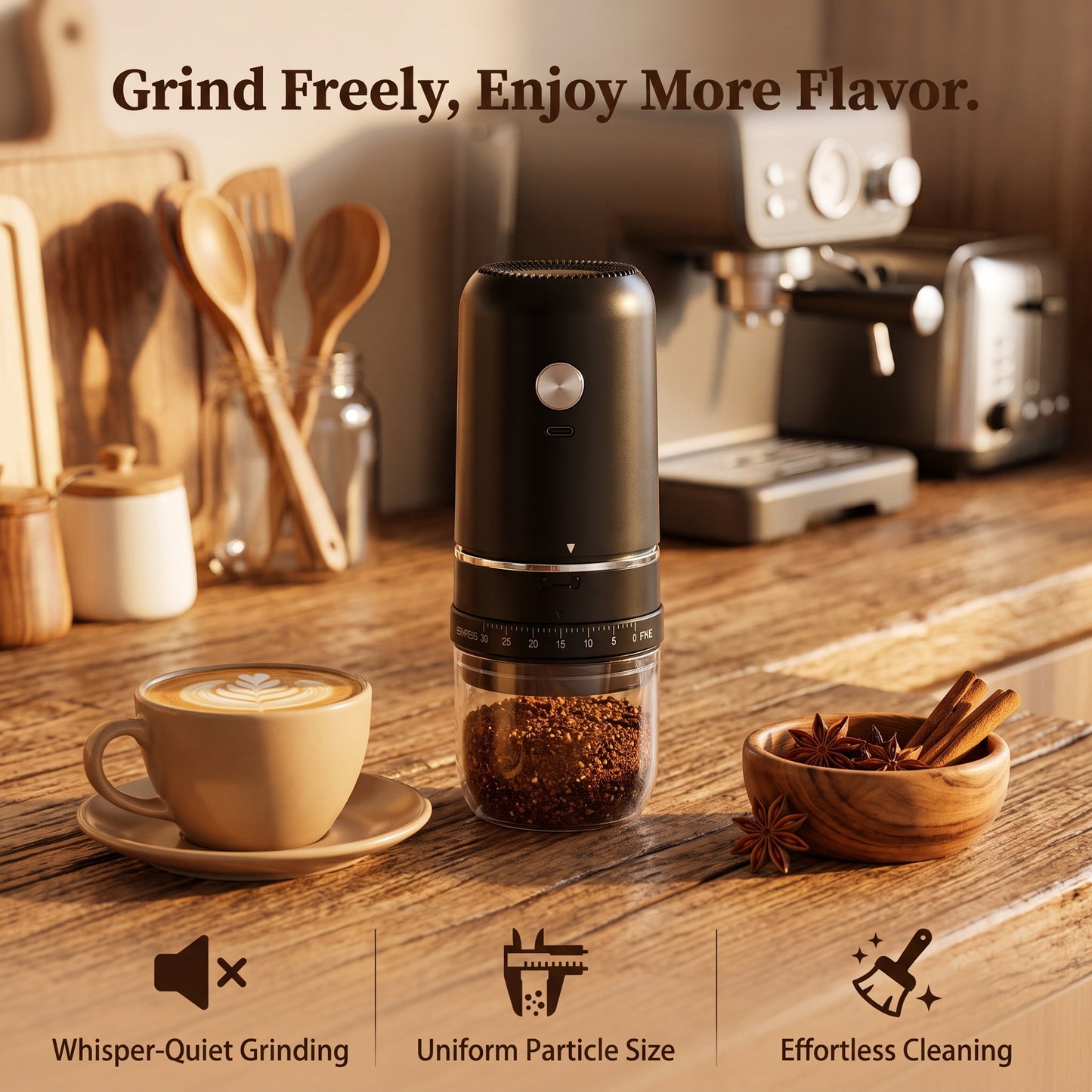 M Buder Electric Coffee Grinder, One-Touch Automatic Burr Coffee Grinde, Spice Grinder 30 Precise Grind Settings