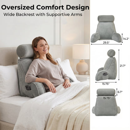 Riousery Reading Pillow with Arms and Semi-Round Neck Roll, Bed Rest Pillow for Sitting Up in Bed, Back Support Pillow with Phone Pocket for Reading, Watching TV and Gaming, Gray