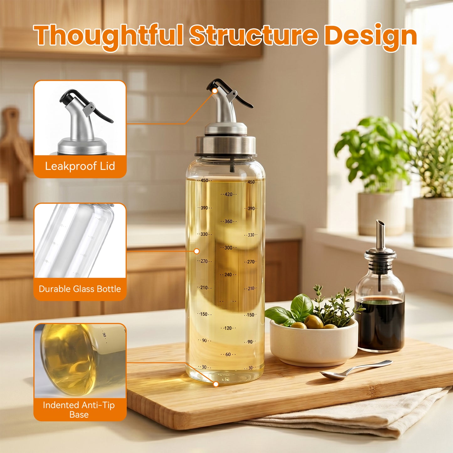 Riousery Glass Honey Dispenser Bottle, 17oz (500ml) No-Drip Syrup Dispenser with Measurement Marks, Stainless Steel & Glass, Leakproof Lid for Honey, Oil, Syrup