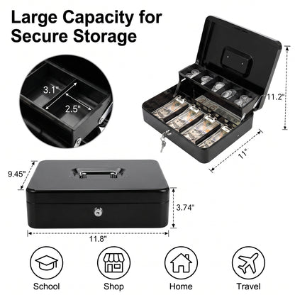 Alylo Large Metal Cash Box with Money Tray and Key Lock, 5 Coin Compartments, Black, 11.8" x 9.45" x 3.74"