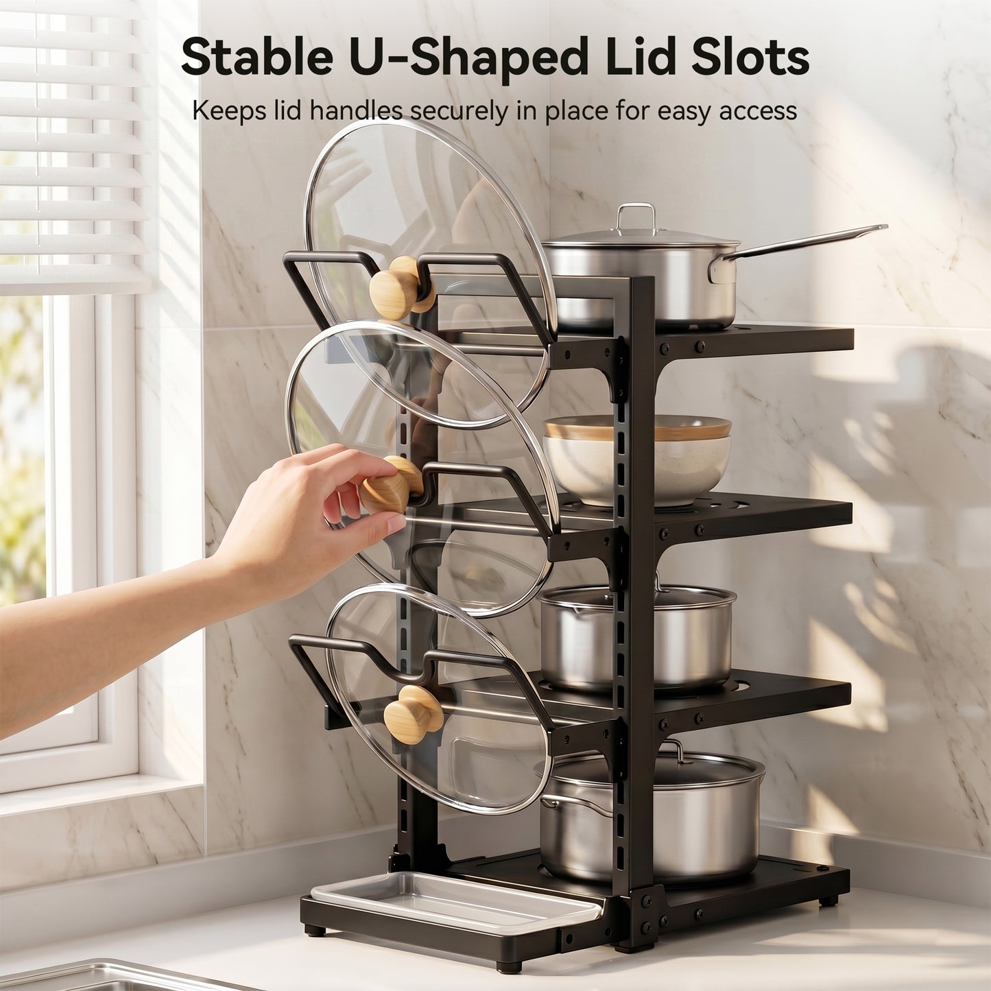 Riousery Pots and Pans Organizer, 7-Tier Adjustable Pan Rack with Lid Holder and Drip Tray, 220Lb Heavy Duty Metal Cookware Organizer for Kitchen Countertop & Cabinet, Black