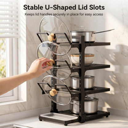 Riousery Pots and Pans Organizer, 7-Tier Adjustable Pan Rack with Lid Holder and Drip Tray, 220Lb Heavy Duty Metal Cookware Organizer for Kitchen Countertop & Cabinet, Black