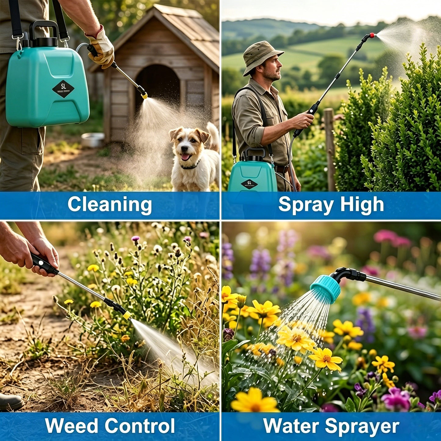 OHHANI Battery Powered Sprayer, 5L Cordless Electric Portable Garden Sprayer with USB Rechargeable Handle Telescopic Wand 4 Nozzles,  for Lawn Garden