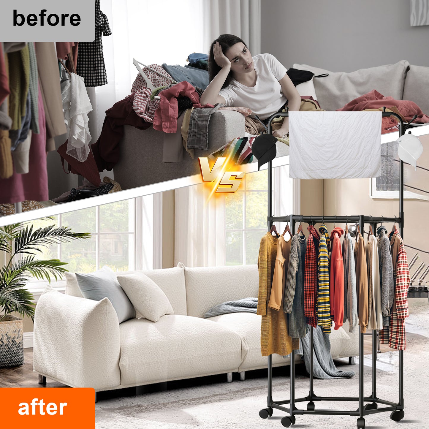 WEENEED Rolling Garment Rack with Wheels, Double-Layer Rotating Clothes & Coat Organizer with Hat Hooks, Multi-Functional Clothing Storage for Bedroom or Closet