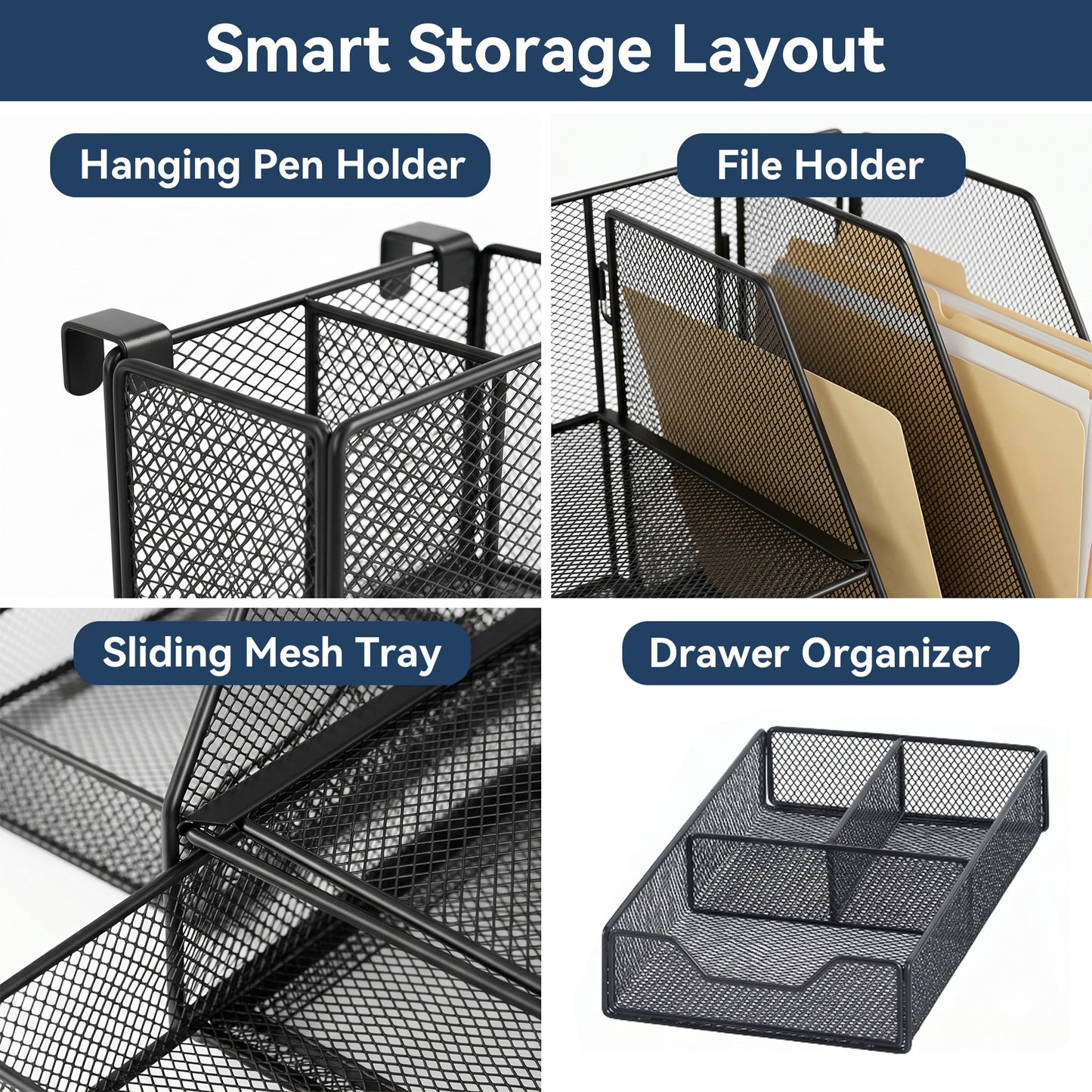 Riousery Desk Organizer with Drawer and 2 Pen Holders, Mesh File Organizer for Desk, Space-Saving Desktop Organizer for Office, Home, School