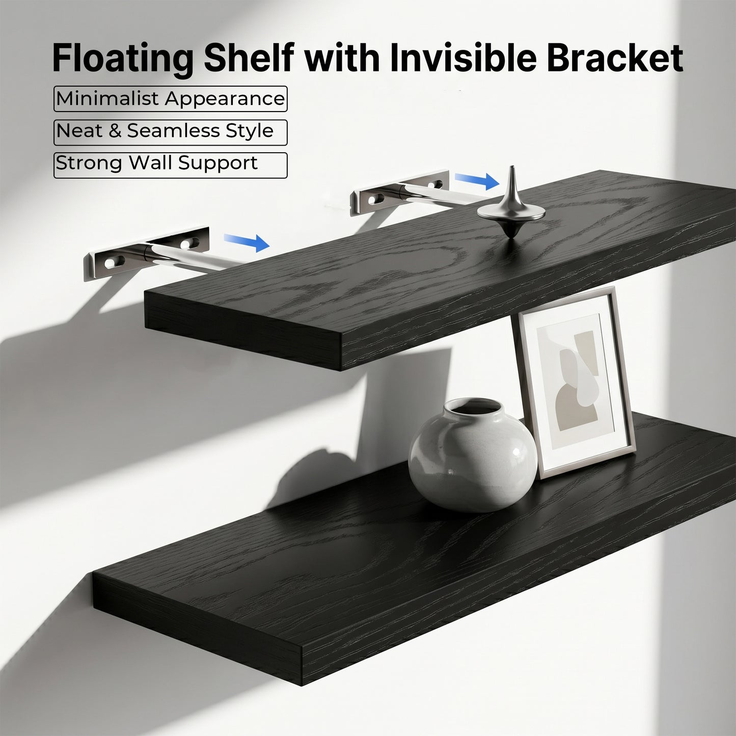 Riousery Floating Wall Shelves, Set of 3, 15.7" x 5.9" x 0.6", Black MDF Wood Wall Mounted Shelves for Bedroom, Bathroom, Living Room, Kitchen Storage & Display
