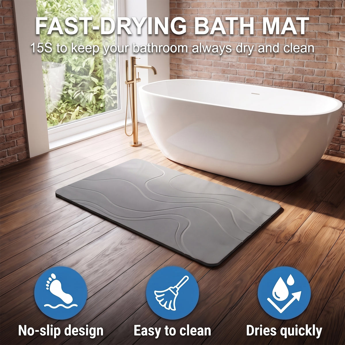 LZSDS Stone Bath Mat, 24" x 15" Diatomaceous Earth Shower Mat with Anti-Slip Base, Quick Dry Bathroom Mat for Kitchen Entryway, Grey