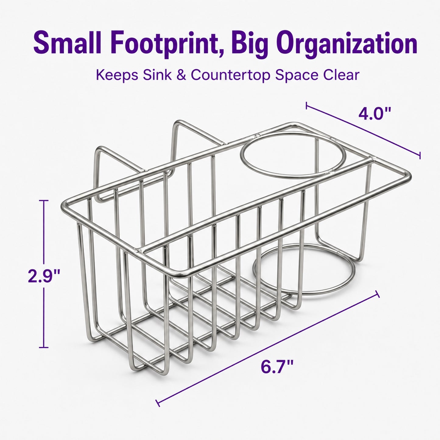 Riousery Compact Kitchen Sink Caddy, Hanging Sponge Holder for Double Sink Divider, 6.7 x 4.0 x 2.9 in Stainless Steel Mini Sink Organizer with Brush Holder and Dishcloth Bar