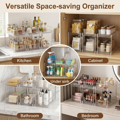 Riousery 2-Tier Clear Under Sink Organizer, 3-Pack Pull-Out Cabinet Storage, Stackable Design for Kitchen and Bathroom
