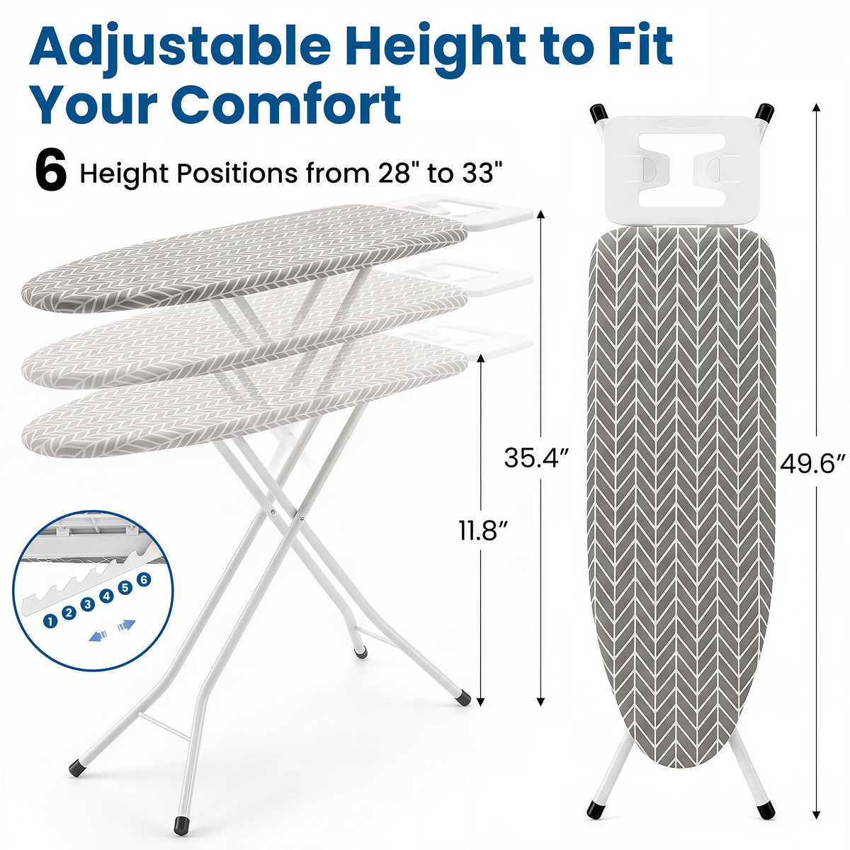 Riousery Full Size Folding Ironing Board with Iron Rest, Height Adjustable Laundry Board, Heavy Duty Steel Frame, Cotton Cover, White
