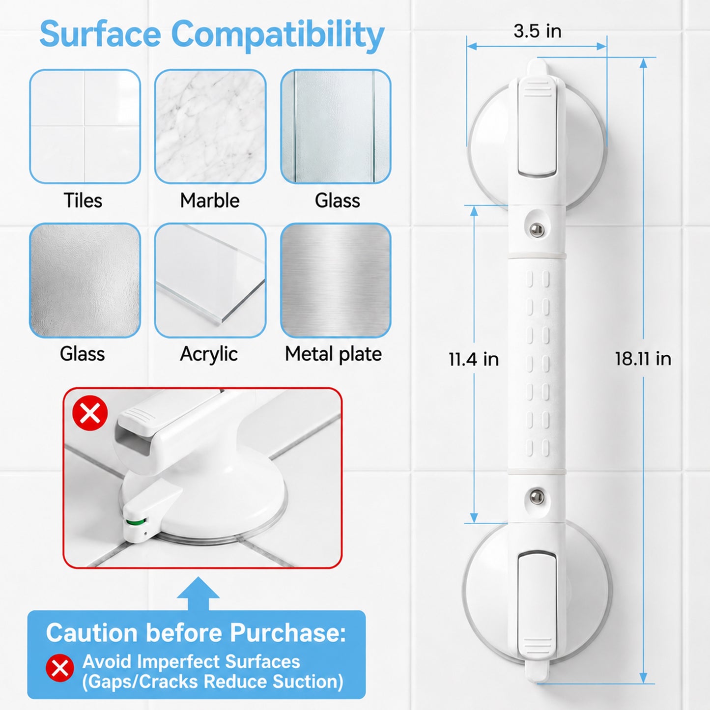 LZSDS Suction Shower Grab Bars, 2 Pack 18 Inch Bathroom Balance Assist Handles with Non Slip Glow Grip