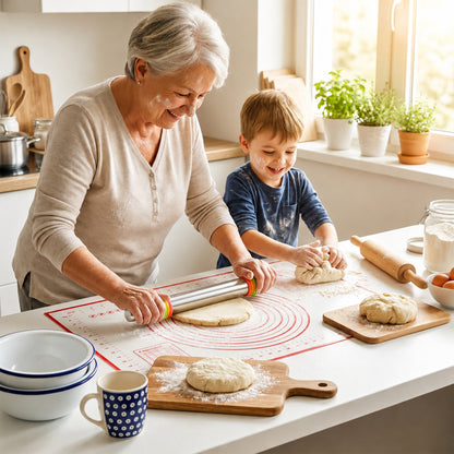 M Buder Stainless Steel Rolling Pin, Adjustable Metal Rolling Pin with Thickness Rings & Pastry Baking Mat for Baking, Dough Roller for Baking Pizza Dough Pie Cookie