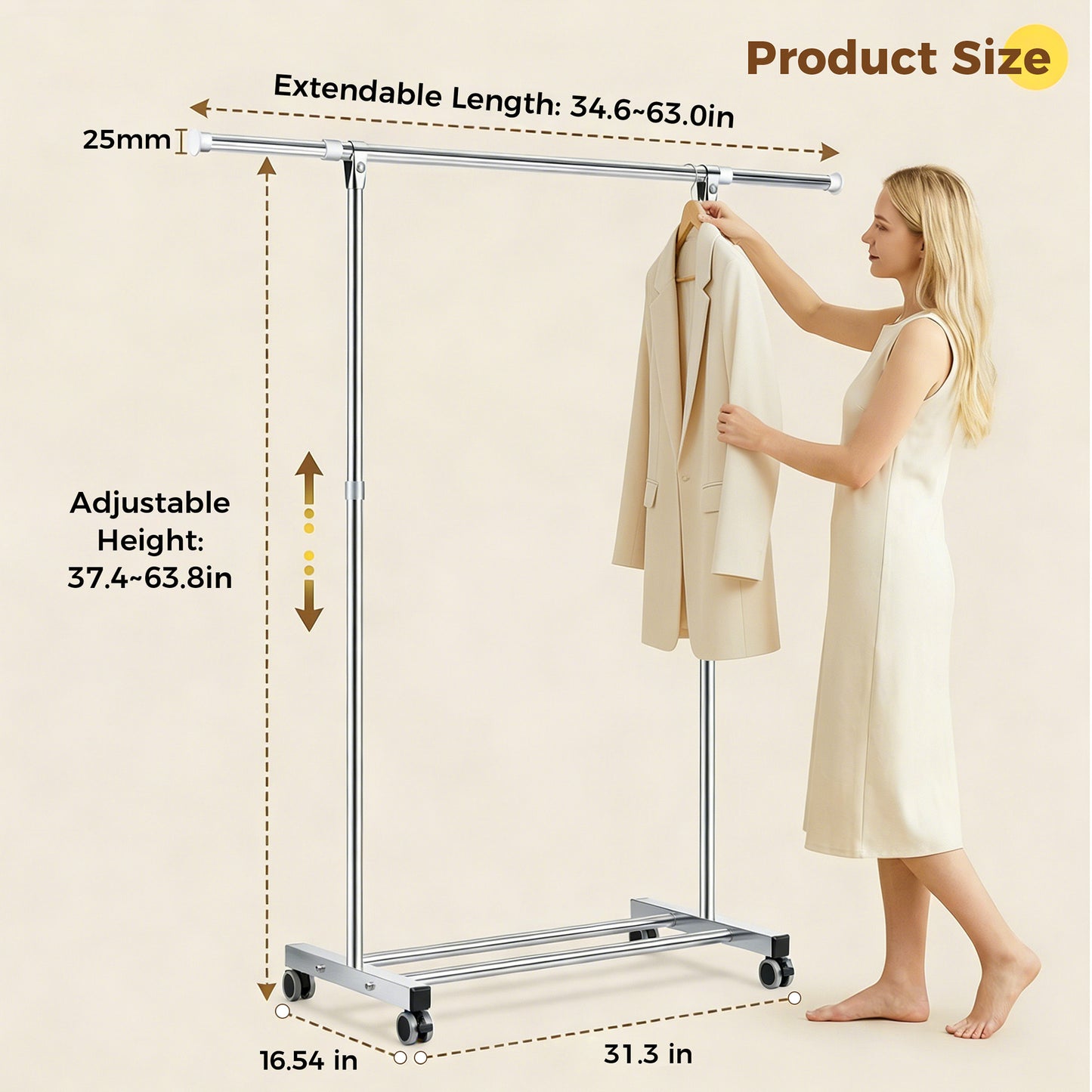 Riousery Heavy-Duty Stainless Steel Clothing Rack with Wheels, Adjustable Height & Length for Closet Organization