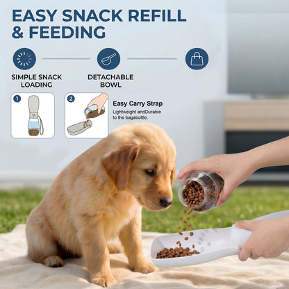 Tolobeve 3-in-1 Portable Dog Water Bottle with 12oz Water and 3.5oz Food Container, White