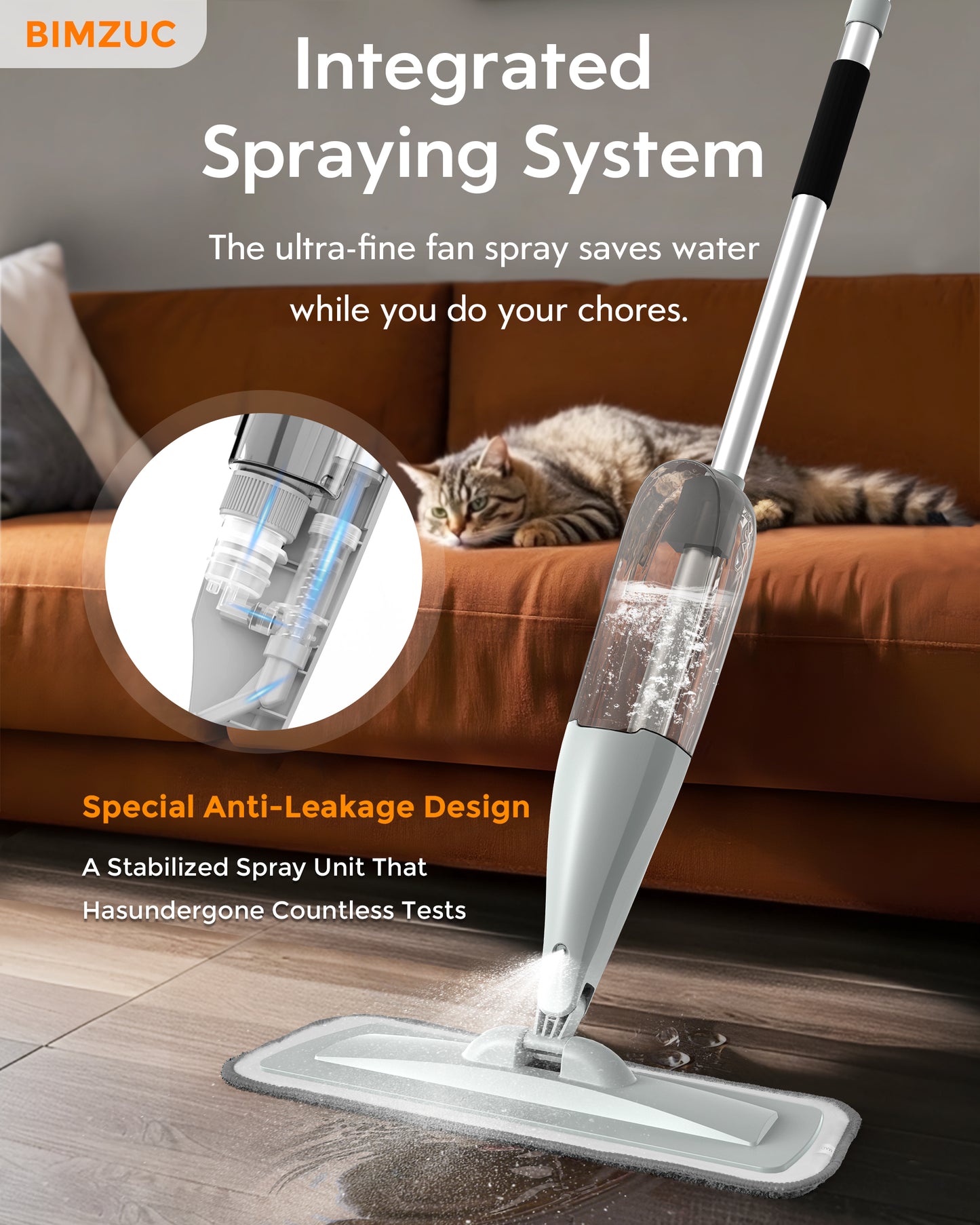 BIMZUC Spray Mop for Floor Cleaning with 3 Washable Pads-Wet Dry Microfiber Mop with 27 oz Refillable Bottle, Gray - New