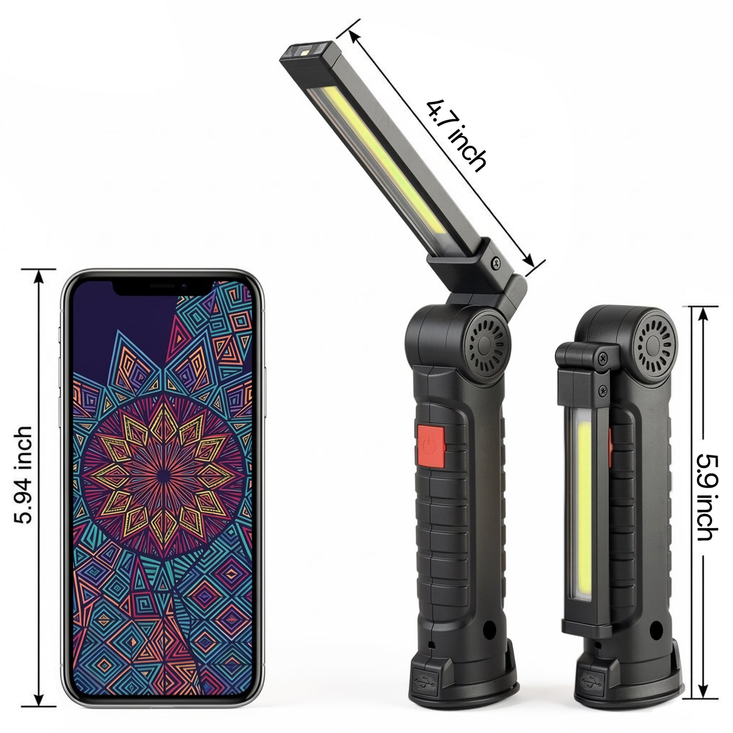 AOLIGO LED Work Light 2 Pack, Rechargeable COB Flashlight with 5 Modes, Magnetic Base and Hook, 360° Rotate, Foldable Portable Waterproof Light for Workshop, Camping, Emergency