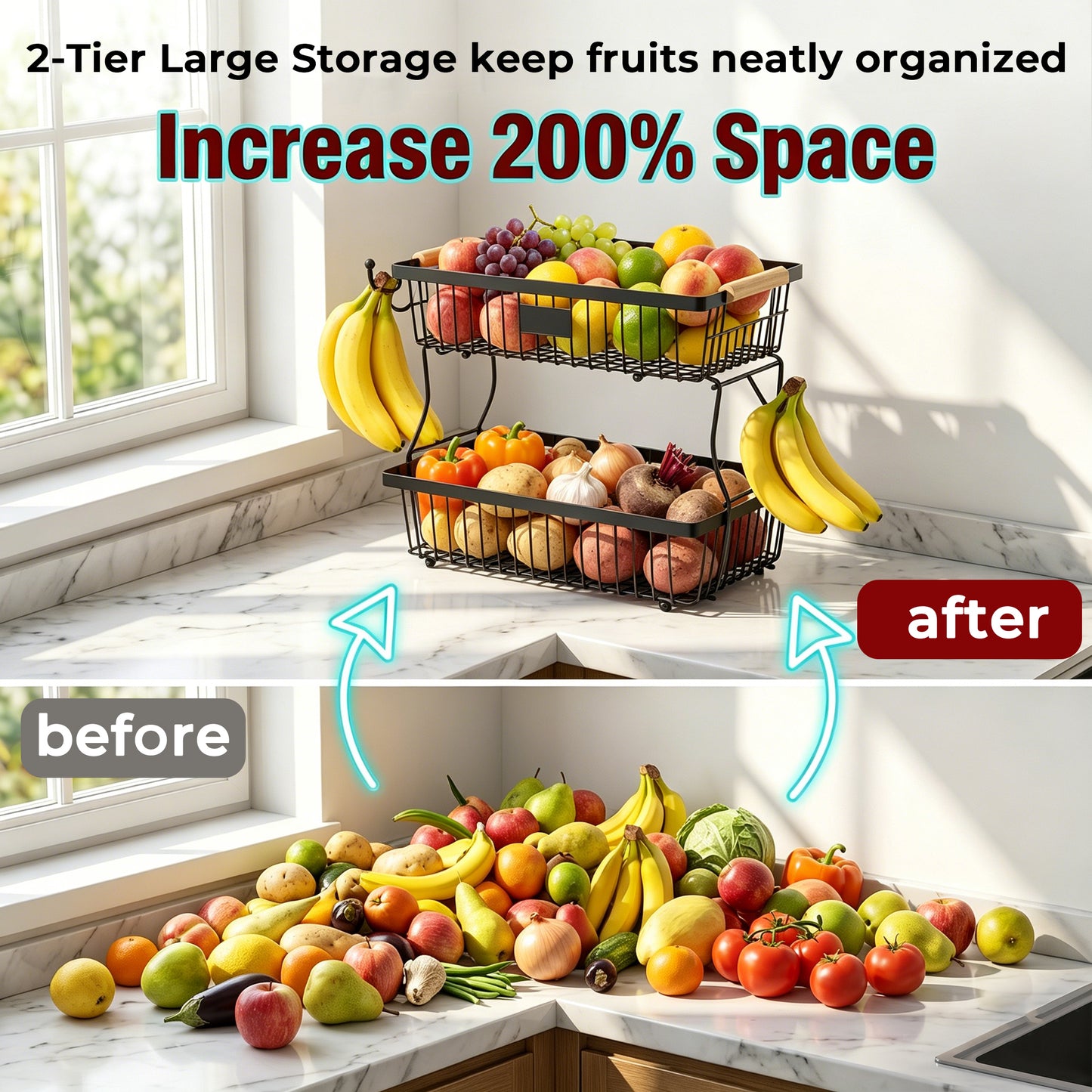 Riousery 2-Tier Fruit Basket for Kitchen Counter with Wooden Handle and Side Hooks, Detachable Metal Fruit Bowl Stand for Fruit and Vegetable Storage, Black, 16.1" x 9.4" x 11.4"