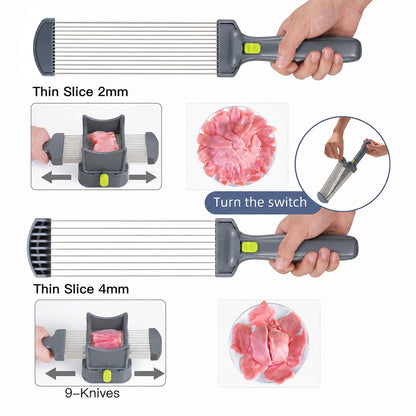 MusPluto Fresh Meat Slicer Manual, Manual Meat Slicer Stainless Steel Fresh Meat Cutter with 17 Blades, Adjustable 2mm & 4mm, Gray (Not for Frozen/Deli Meat)