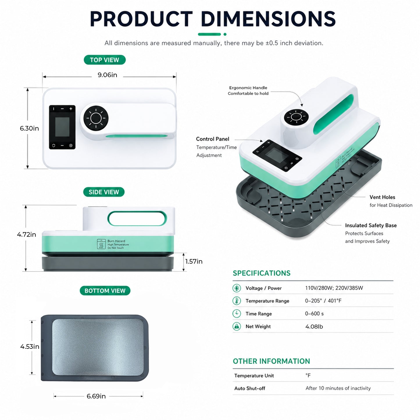Reelexia Portable Heat Press Machine, for DIY T-Shirts and Bags, with Smart Auto Shut-Off - Green, 7.5" x 4.75"